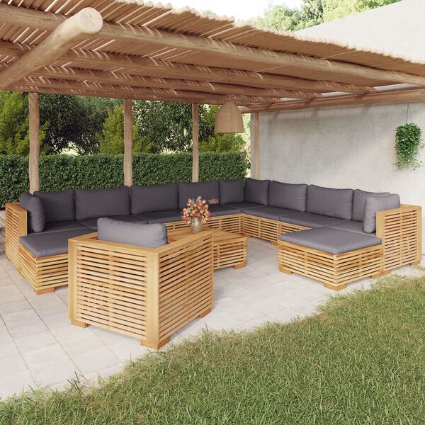 vidaXL Salon de jardin 12 pcs avec coussins Bois de teck solide