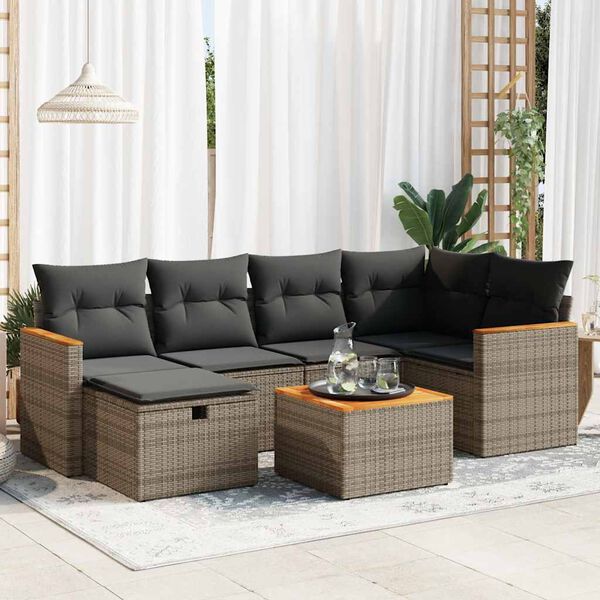 vidaXL Salon de jardin avec coussins 7 pcs gris r&eacute;sine tress&eacute;e