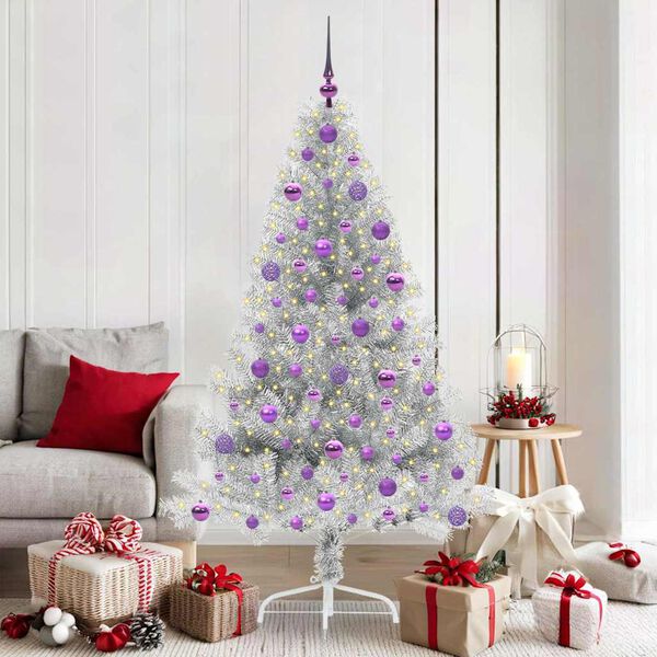 vidaXL Sapin de No&euml;l artificiel pr&eacute;-&eacute;clair&eacute; Argent 180 cm PET