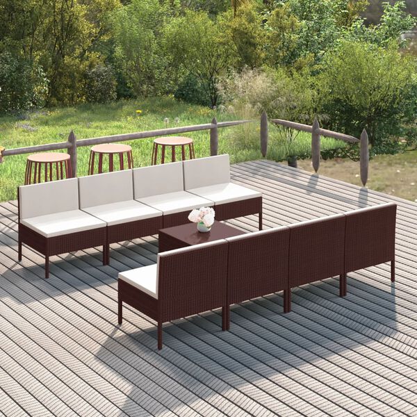 vidaXL Salon de jardin 9 pcs avec coussins r&eacute;sine tress&eacute;e marron