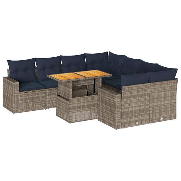 vidaXL Salon de jardin 9 pcs avec coussins gris r&eacute;sine tress&eacute;e