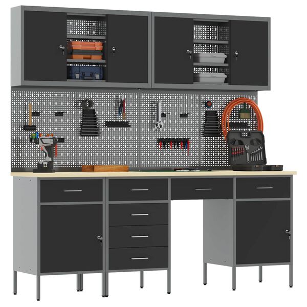 vidaXL Placard de travail 10 pcs Noir Bois d'ing&eacute;nierie et acier