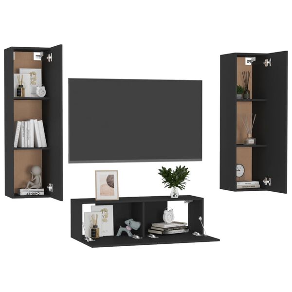 vidaXL Ensemble de meubles TV 3 pcs Noir Bois d'ing&eacute;nierie