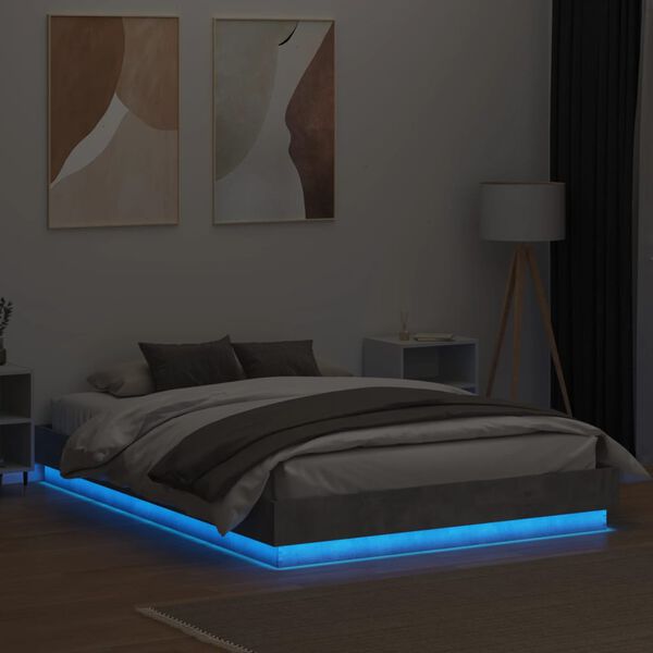 vidaXL Cadre de lit avec LED sans matelas gris béton 150x200 cm