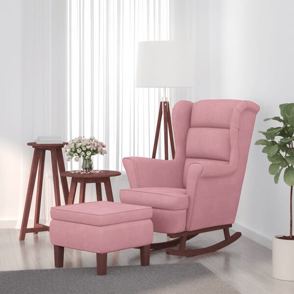 vidaXL Fauteuil à bascule à oreilles en velours rose bois massif