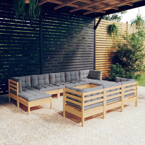vidaXL Salon de jardin 10 pcs avec coussins gris bois de pin massif