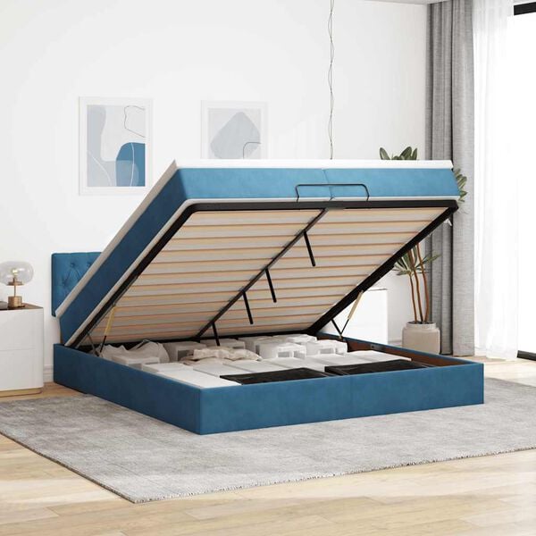 vidaXL Cadre de lit ottoman avec matelas bleu fonc&eacute; 200x200 cm velours