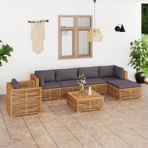 vidaXL Salon de jardin 7 pcs avec coussin gris fonc&eacute; bois de teck