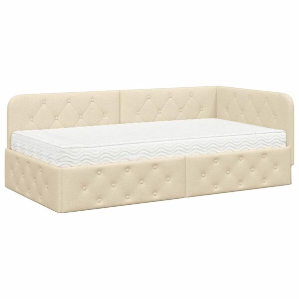 vidaXL Cadre de lit d'angle avec matelas Cr&egrave;me 90 x 190 cm tissu