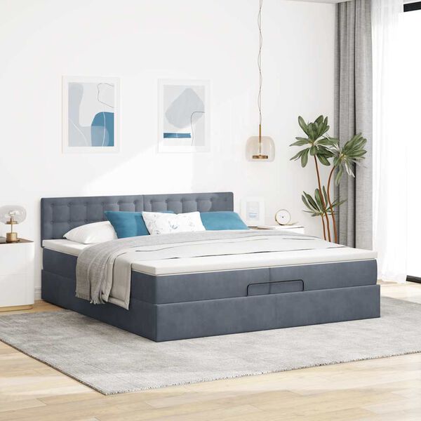 vidaXL Cadre de lit ottoman avec matelas gris fonc&eacute; 200x200 cm velours