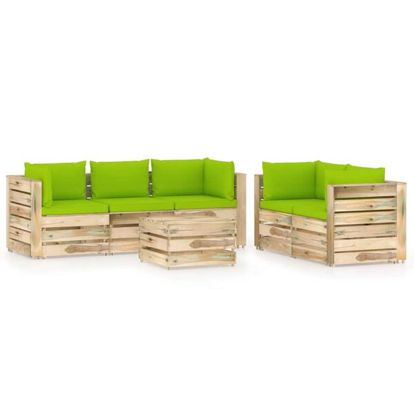 vidaXL Salon de jardin 6 pcs avec coussins Bois impr&eacute;gn&eacute; de vert