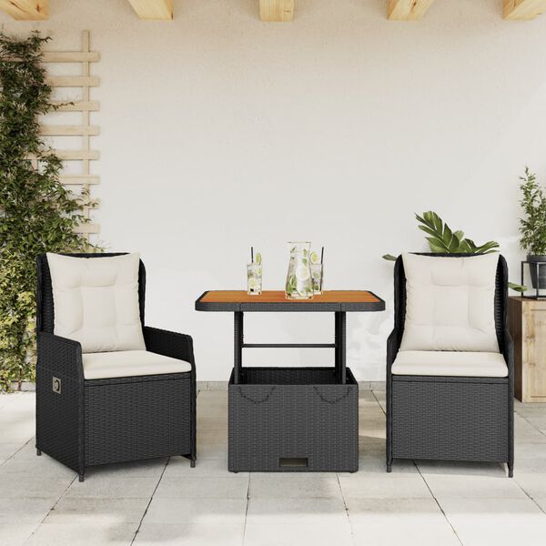 vidaXL Ensemble de bistro 3 pcs avec coussins noir r&eacute;sine tress&eacute;e