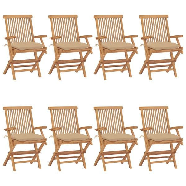 vidaXL Chaises de jardin avec coussins beige lot de 8 Bois teck massif