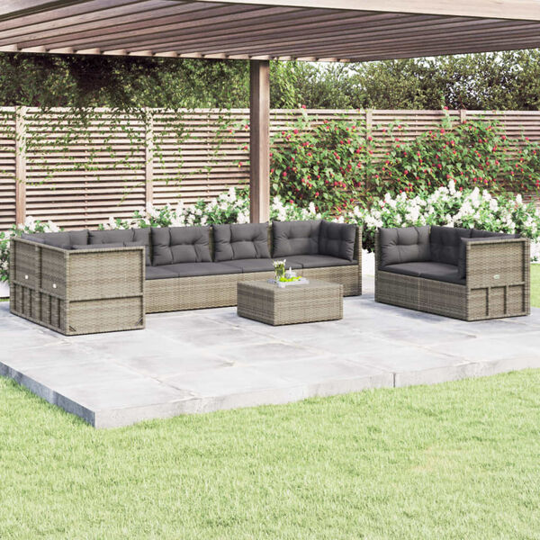 vidaXL Salon de jardin 8 pcs avec coussins Gris R&eacute;sine tress&eacute;e