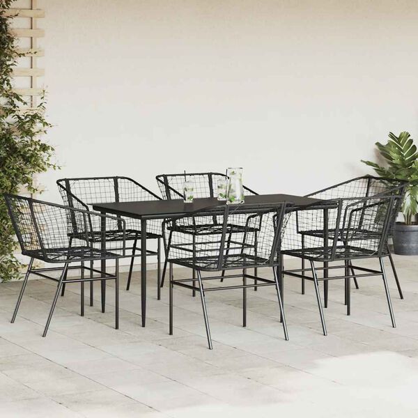 vidaXL Ensemble &agrave; manger de jardin 7pcs noir poly rotin verre