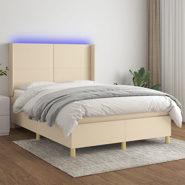 vidaXL Sommier &agrave; lattes de lit matelas et LED Cr&egrave;me 140x190 cm Tissu