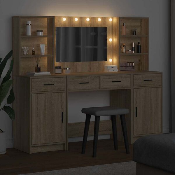 vidaXL Ensemble de table de maquillage avec LED 3 pcs Ch&ecirc;ne Sonoma