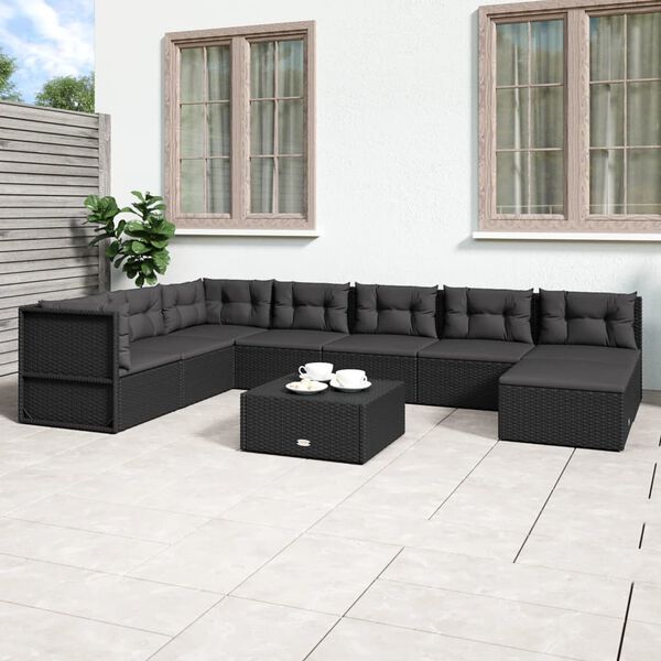vidaXL Salon de jardin 8 pcs avec coussins noir r&eacute;sine tress&eacute;e