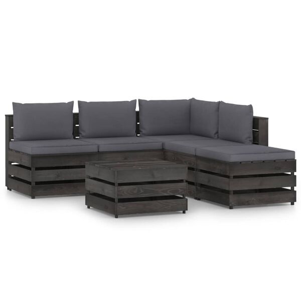 vidaXL Salon de jardin 6 pcs avec coussins Bois impr&eacute;gn&eacute; de gris