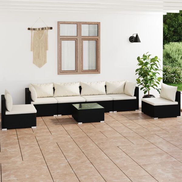 vidaXL Salon de jardin 7 pcs avec coussins R&eacute;sine tress&eacute;e Noir