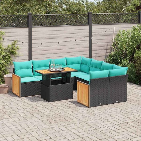 vidaXL Salon de jardin avec coussins 9 pcs noir r&eacute;sine tress&eacute;e acacia