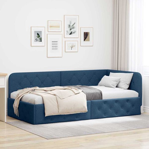 vidaXL Cadre de lit d'angle avec tête de lit Bleu 90 x 190 cm tissu