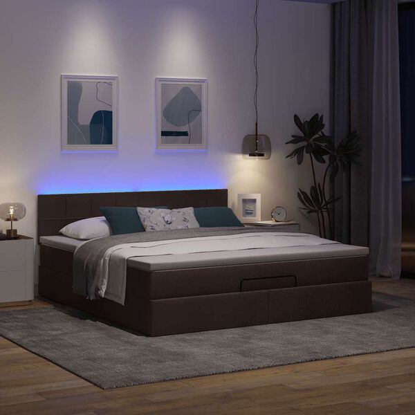 vidaXL Lit ottoman avec matelas et LED Marron fonc&eacute; 180x200 cm tissu