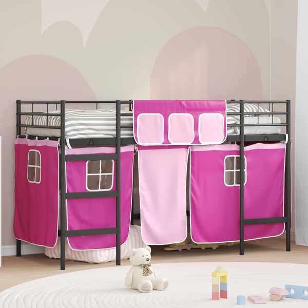 vidaXL Cadre de Lit Mezzanine pour Enfants avec Rideaux Noir et rose