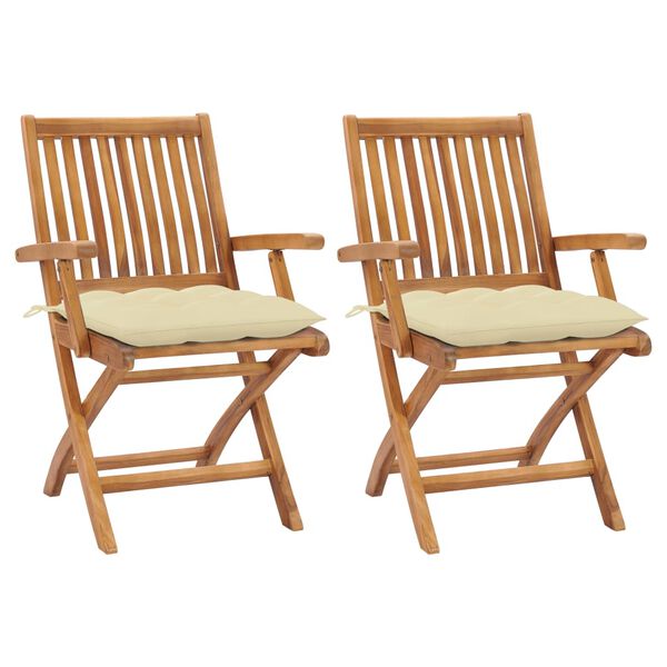 vidaXL Chaises de jardin lot de 2 et coussins blanc cr&egrave;me Teck massif