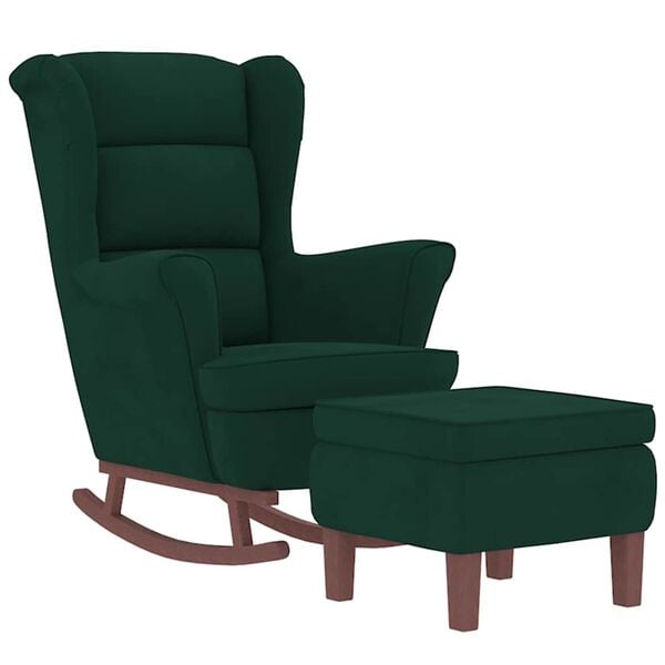 vidaXL Fauteuil &agrave; bascule &agrave; oreilles en velours vert fonc&eacute; bois massif