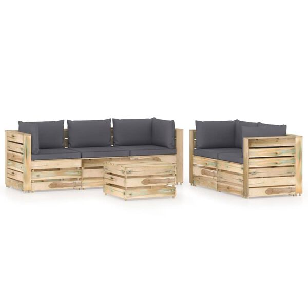 vidaXL Salon de jardin 6 pcs avec coussins Bois impr&eacute;gn&eacute; de vert