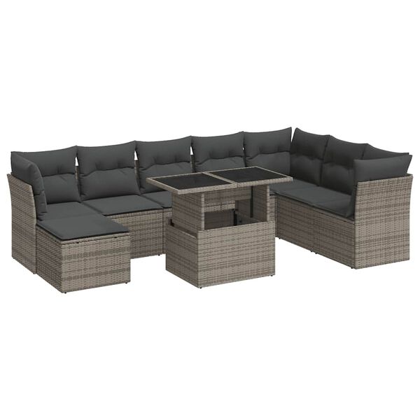 vidaXL Salon de jardin 9 pcs avec coussins gris r&eacute;sine tress&eacute;e
