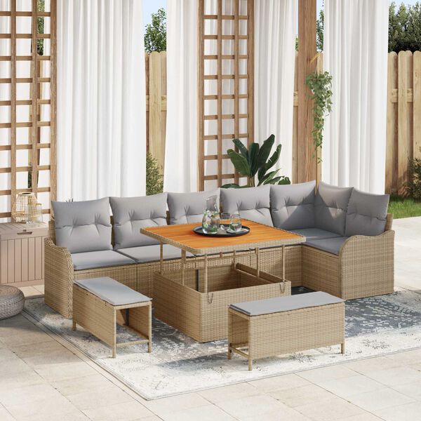 vidaXL Ensemble de canap&eacute; de jardin 9 pcs Beige polyrotin