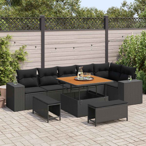 vidaXL Ensemble de canap&eacute; de jardin avec coussin 9 pcs Noir polyrotin