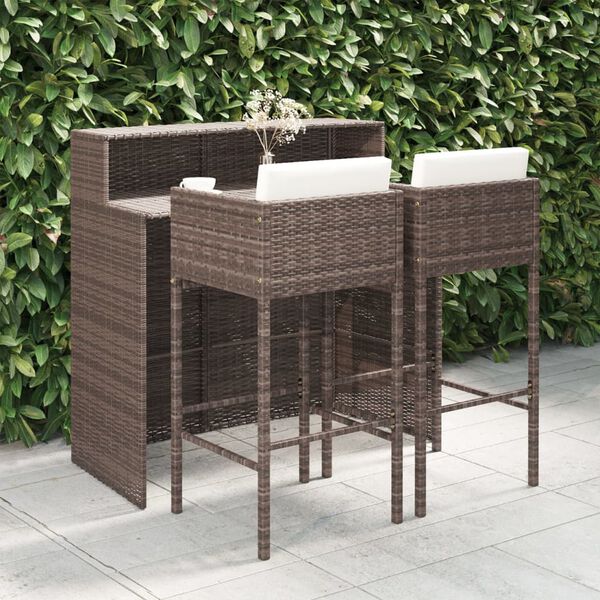 vidaXL Meubles de bar de jardin 3pcs et coussins Résine tressée Marron