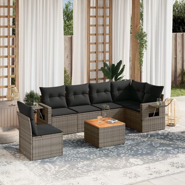 vidaXL Salon de jardin avec coussins 7 pcs gris r&eacute;sine tress&eacute;e