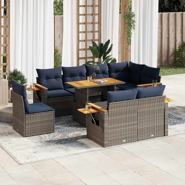 vidaXL Salon de jardin avec coussins 9 pcs gris résine tressée acacia