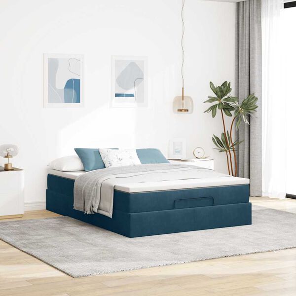 vidaXL Cadre de lit ottoman avec matelas bleu fonc&eacute; 140x190 cm velours