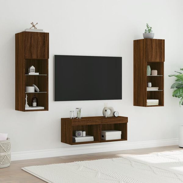 vidaXL Meuble TV muraux 4 pcs avec lumières LED chêne marron
