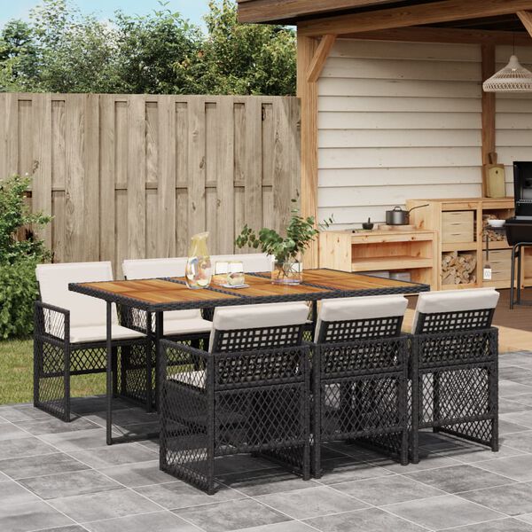vidaXL Ensemble &agrave; manger de jardin coussins 7 pcs noir r&eacute;sine tress&eacute;e