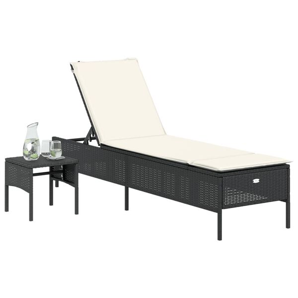 vidaXL Chaise longue avec table et coussin noir r&eacute;sine tress&eacute;e