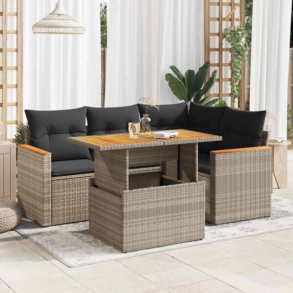 vidaXL Salon de jardin 5 pcs avec coussins gris r&eacute;sine tress&eacute;e acacia