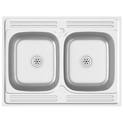 vidaXL Évier de cuisine à double lavabo argenté 800x600x155 mm inox