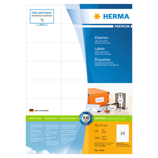 HERMA &Eacute;tiquettes permanentes PREMIUM A4 70x37 mm 100 Feuilles