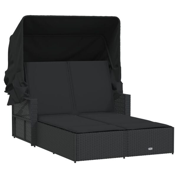 vidaXL Chaise longue double et auvent et coussins noir r&eacute;sine tress&eacute;e
