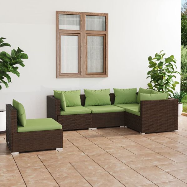vidaXL Salon de jardin 5 pcs avec coussins résine tressée marron