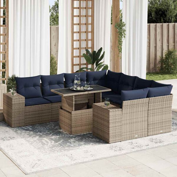 vidaXL Salon de jardin avec coussins 9 pcs gris r&eacute;sine tress&eacute;e acacia