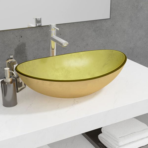 vidaXL Lavabo Verre tremp&eacute; 54,5x35x15,5 cm Dor&eacute;