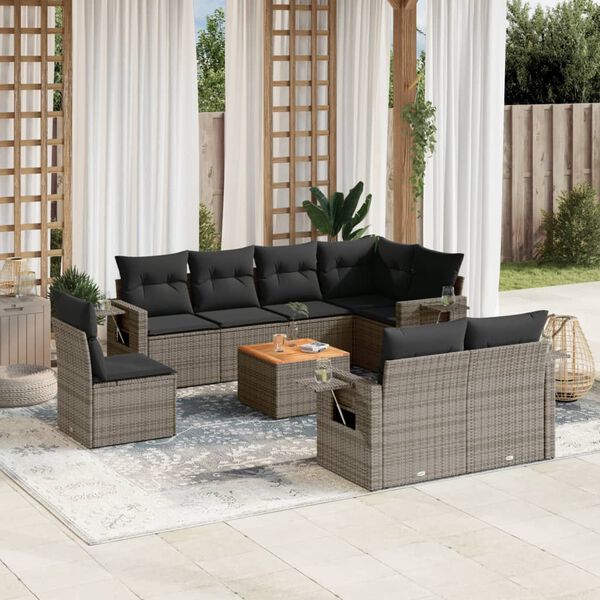 vidaXL Salon de jardin 9 pcs avec coussins gris r&eacute;sine tress&eacute;e