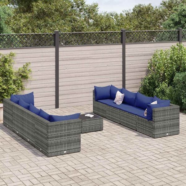 vidaXL Salon de jardin 9 pcs avec coussins Gris R&eacute;sine tress&eacute;e